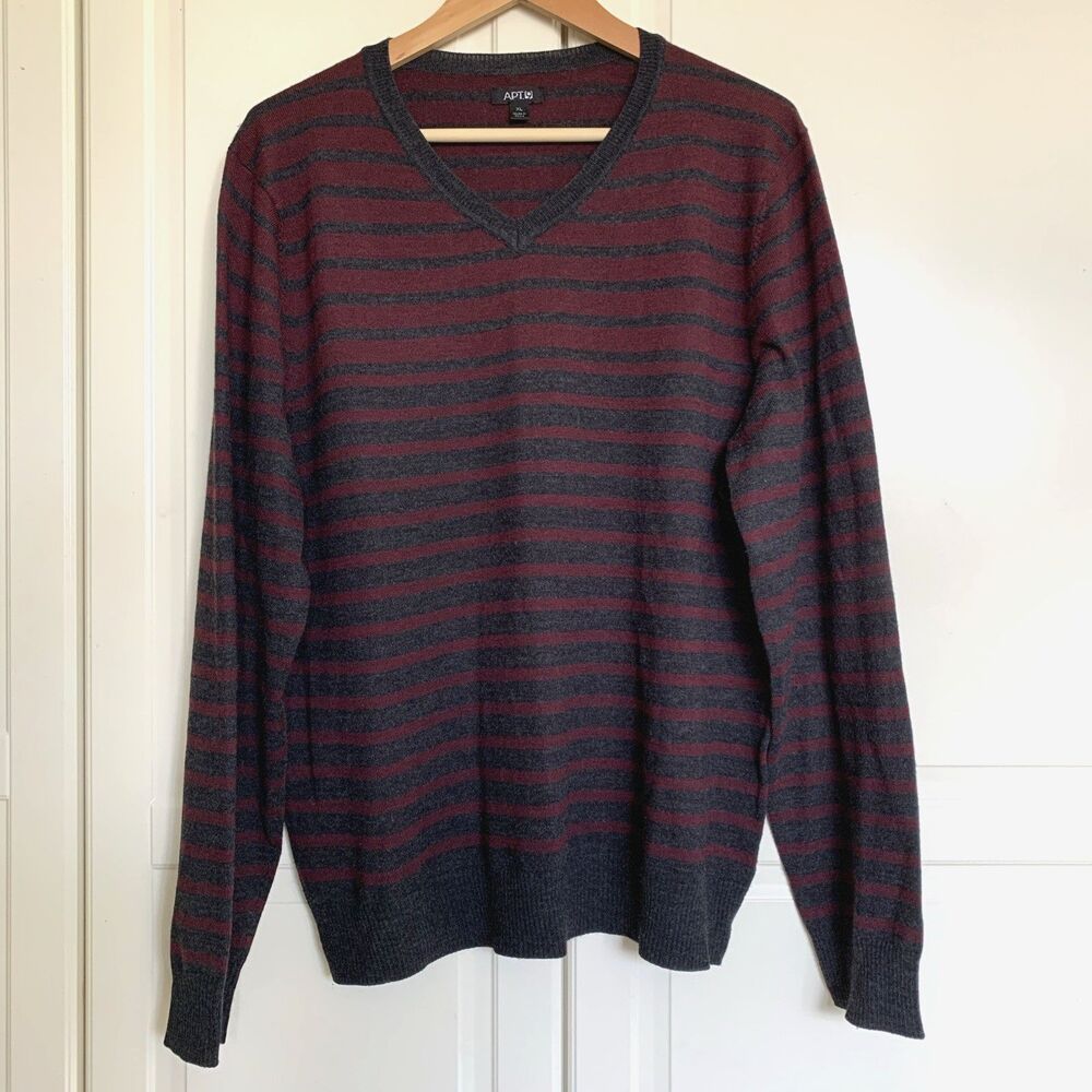 Apt. 9 Merino Blend Sweater V-Neck Burgundy Gray Striped Pullover Mens Size XL